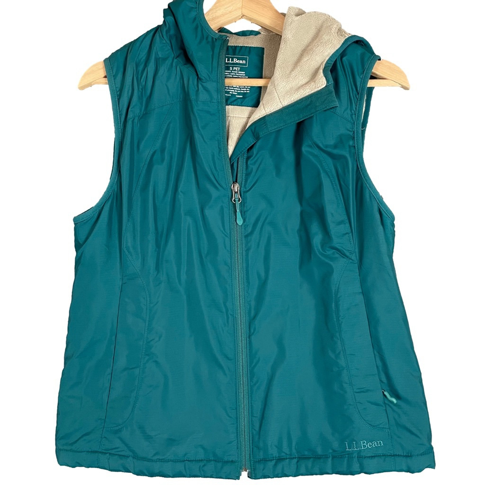 L.L. Bean Womens Small Petite Hooded Fleece Lined Vest Teal Full Zip Outdoor